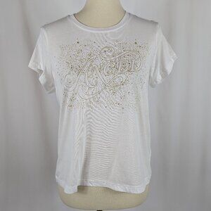 Victoria’s Secret Angel Shirt Baby Tee White Gold Glitter Womens Sz M NEW NWT